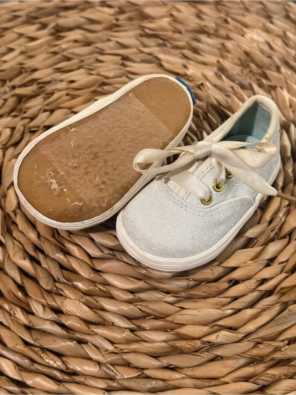 Keds Baby Glitter Lace-Up Sneakers in White with Gold Accents